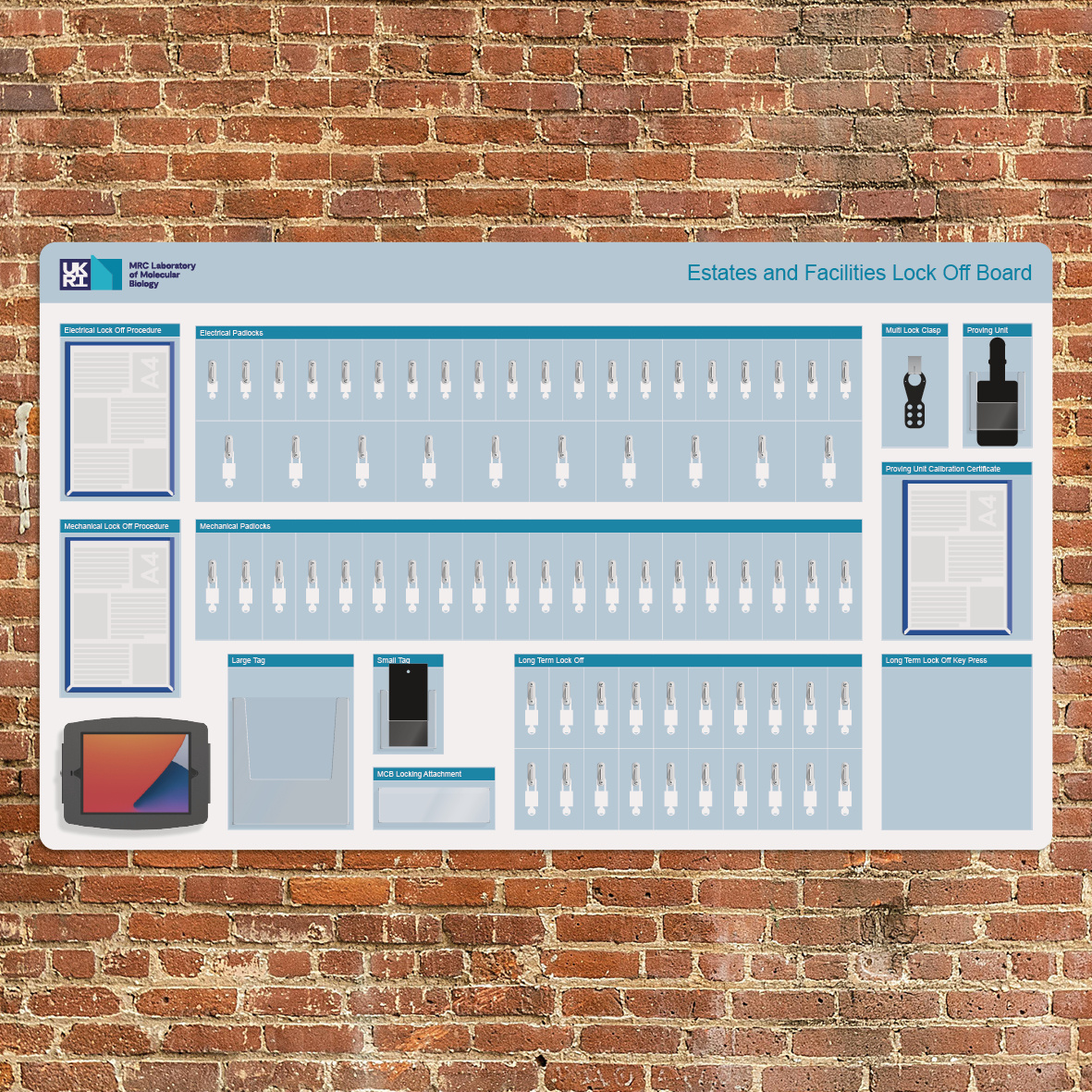 Facilities LOTO Board including hooks for locks.